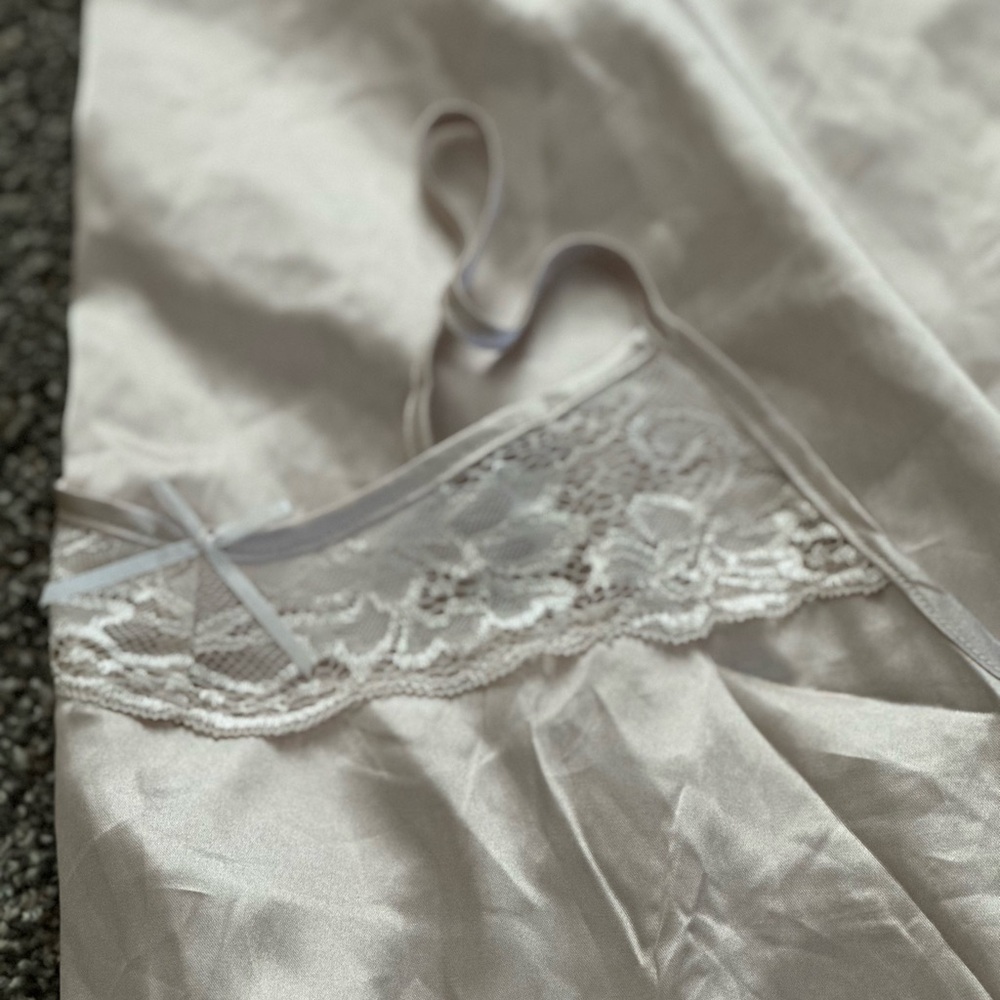 Satin Chemise + Robe with Lace Trim in Soft Cream
